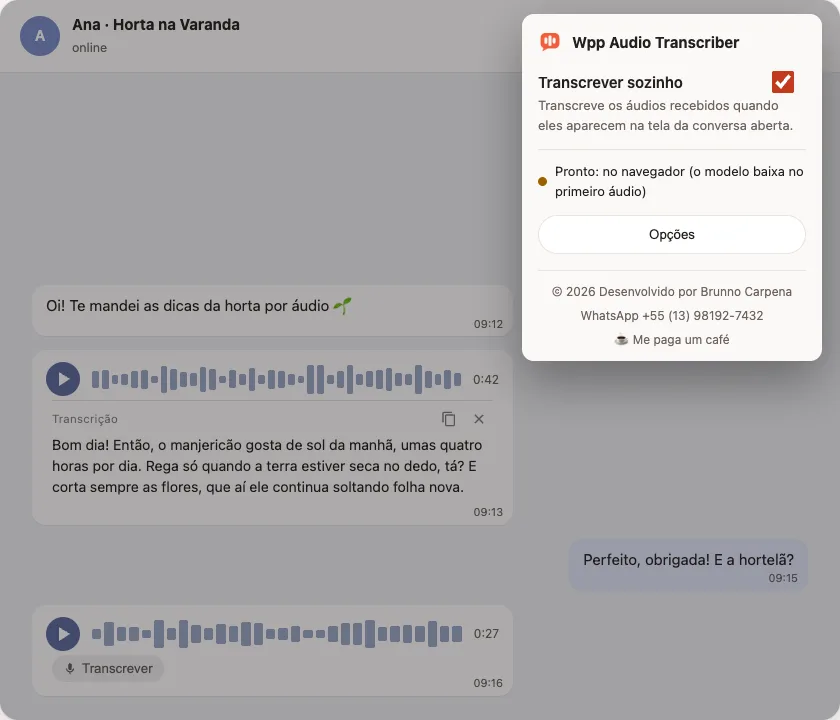 Popup da extensão aberto sobre a conversa, com Transcrever sozinho ligado e o status Pronto