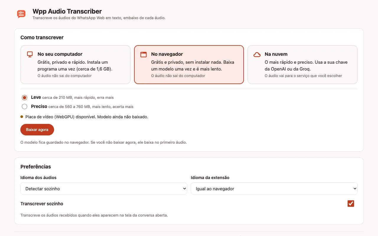 Tela de Opções com os três jeitos de transcrever, a escolha entre os modelos Leve e Preciso e as preferências de idioma